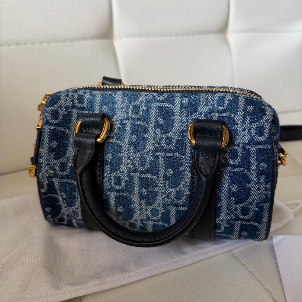 Dior Blue Monogram Denim Mini Bowling Bag with Black Leather Handles